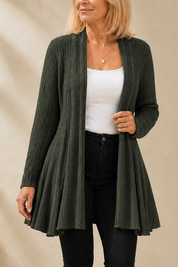 Dark green open front waterfall ribbed cardigan with a flared hem