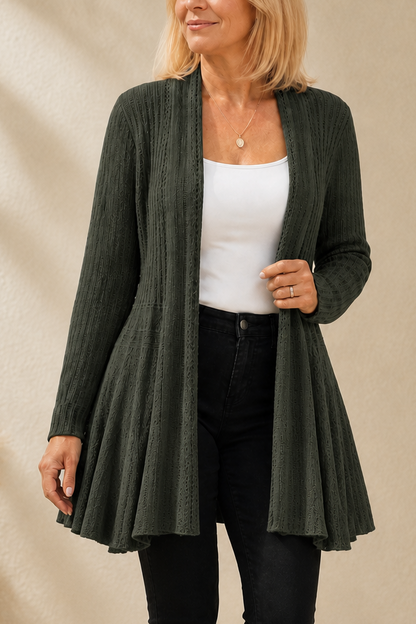 Dark green open front waterfall ribbed cardigan with a flared hem