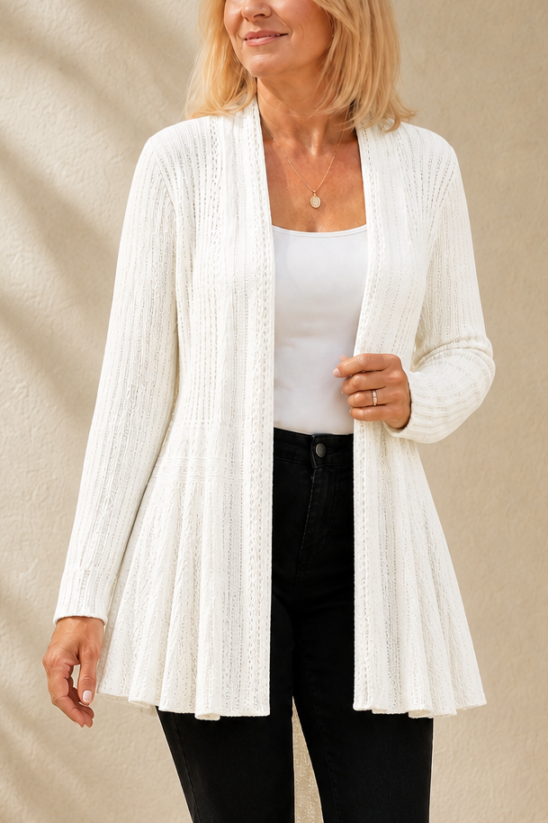 Cream open front waterfall ribbed cardigan with a flared hem