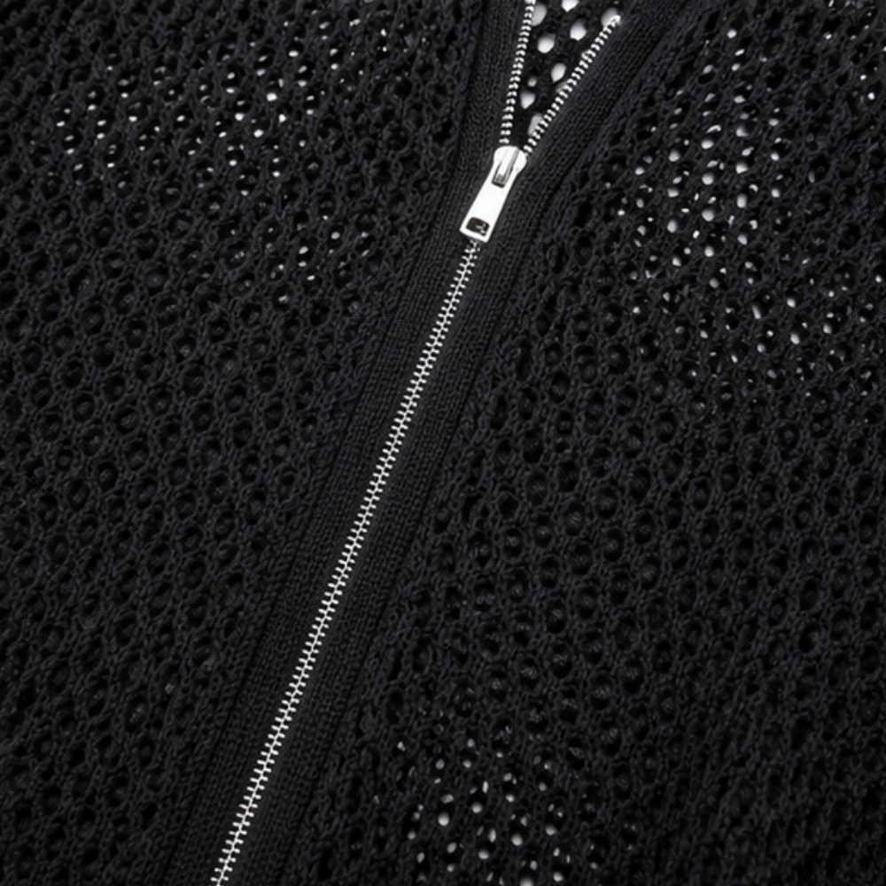 Close up of the silver zip on a black open knit cardigan