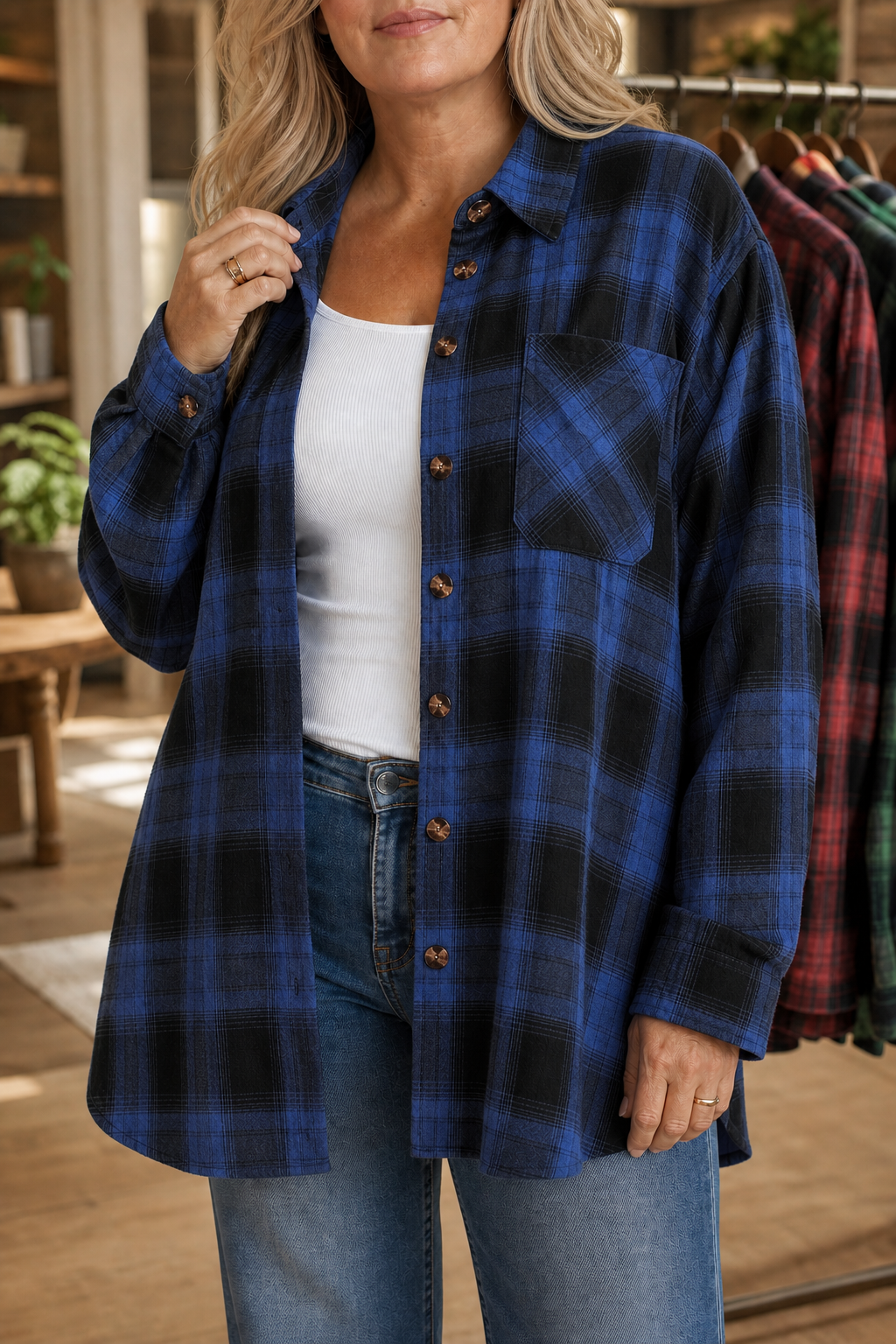 Red buffalo plaid shacket worn open over a white top and jeans