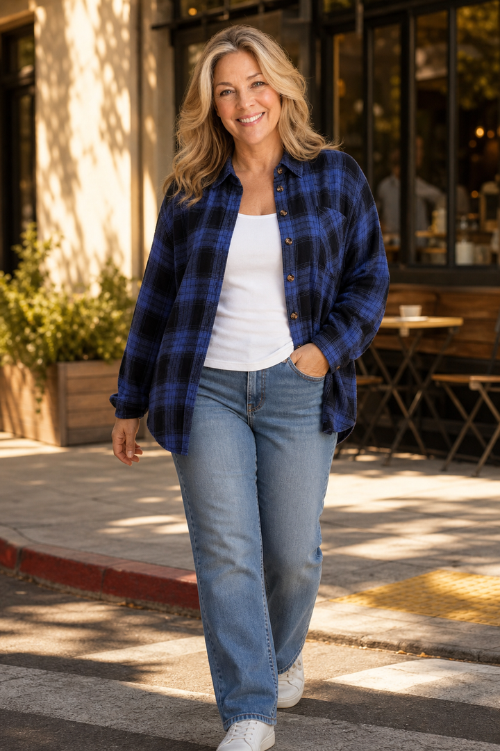Back view of a red buffalo plaid oversized flannel shacket