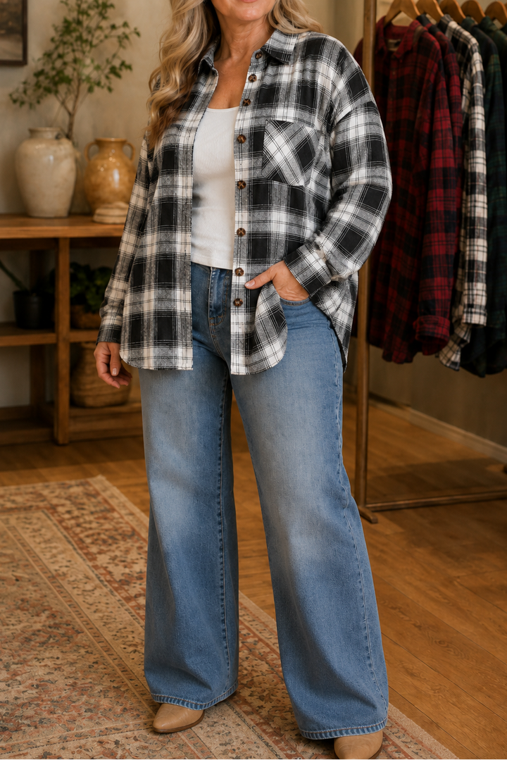 Chest pocket and button detail on a buffalo plaid shacket