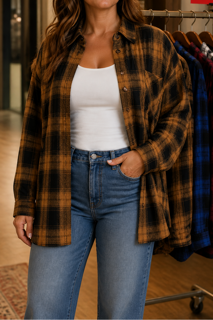 Cream and black buffalo plaid oversized flannel shacket