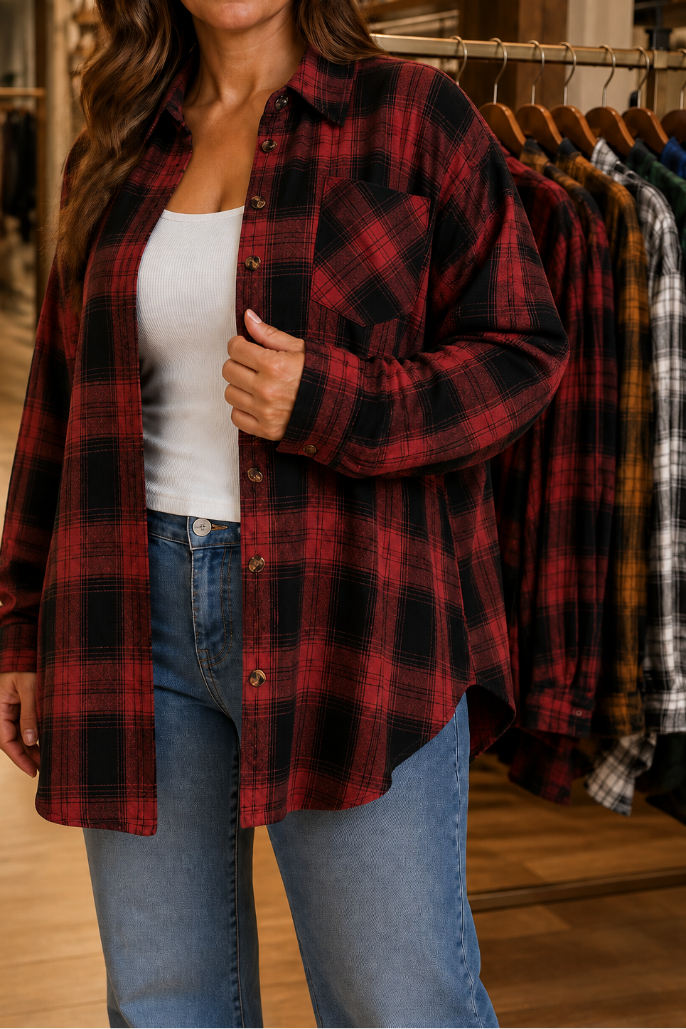 Green and black buffalo plaid oversized flannel shacket