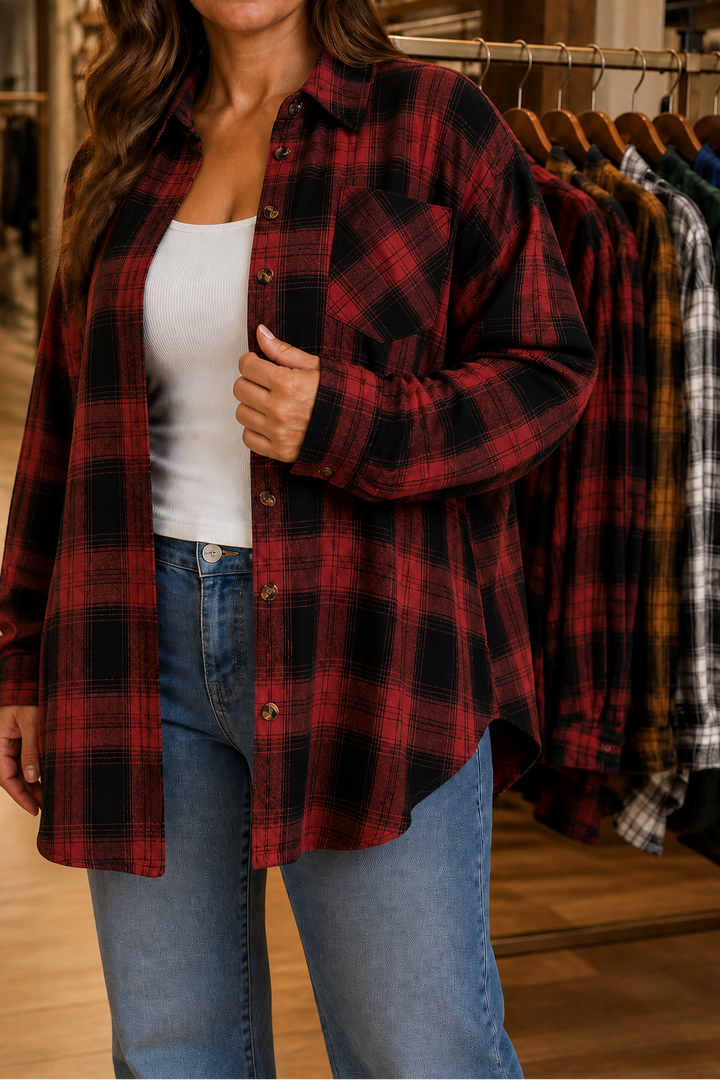 Green and black buffalo plaid oversized flannel shacket