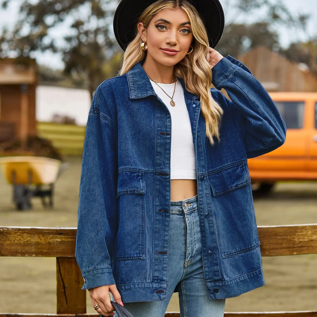Mid blue oversized denim shirt jacket with flap pockets