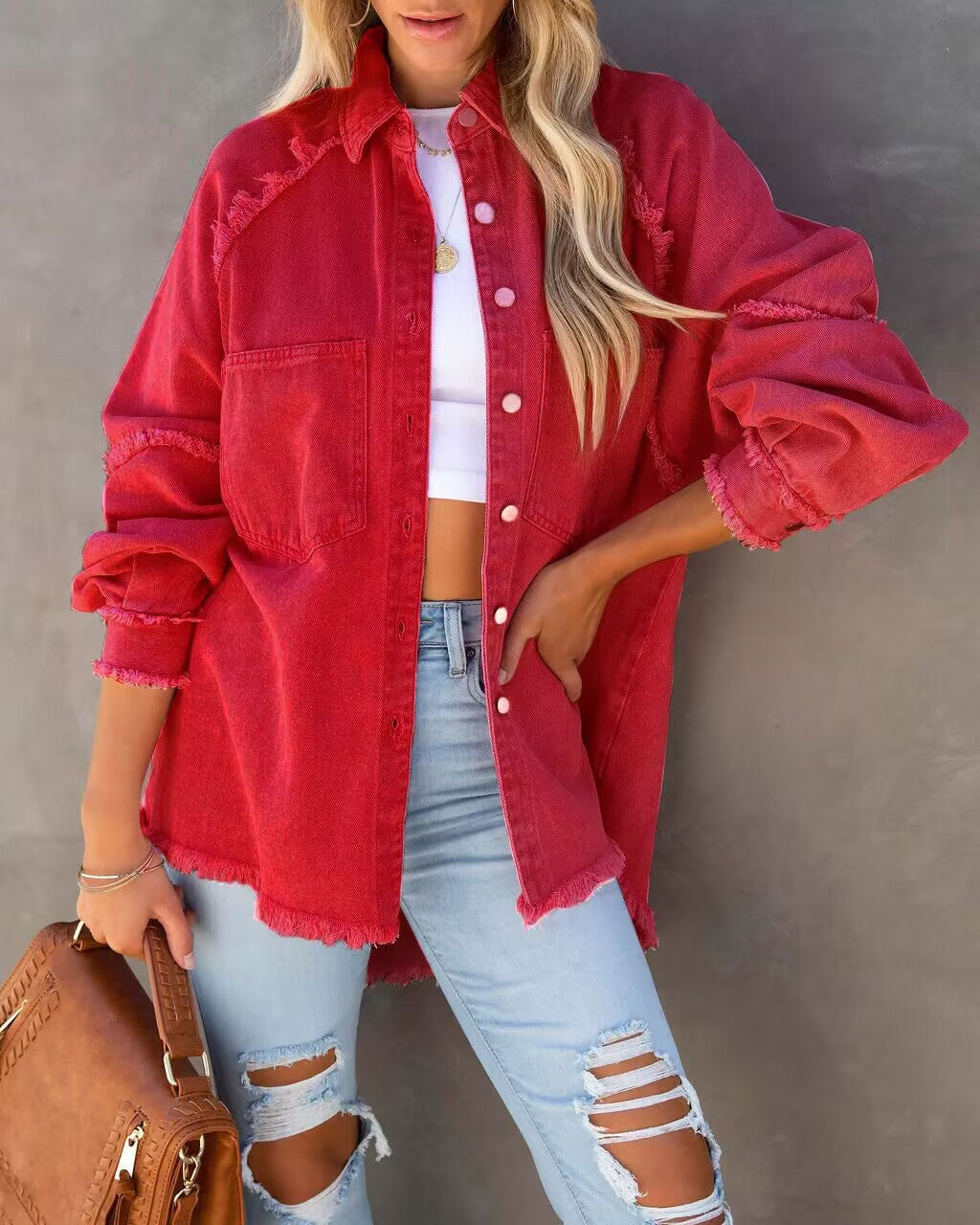 Oversized Frayed Denim Shirt Jacket