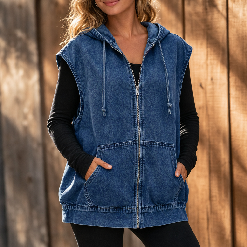 Blue hooded denim vest with hands in the patch pockets