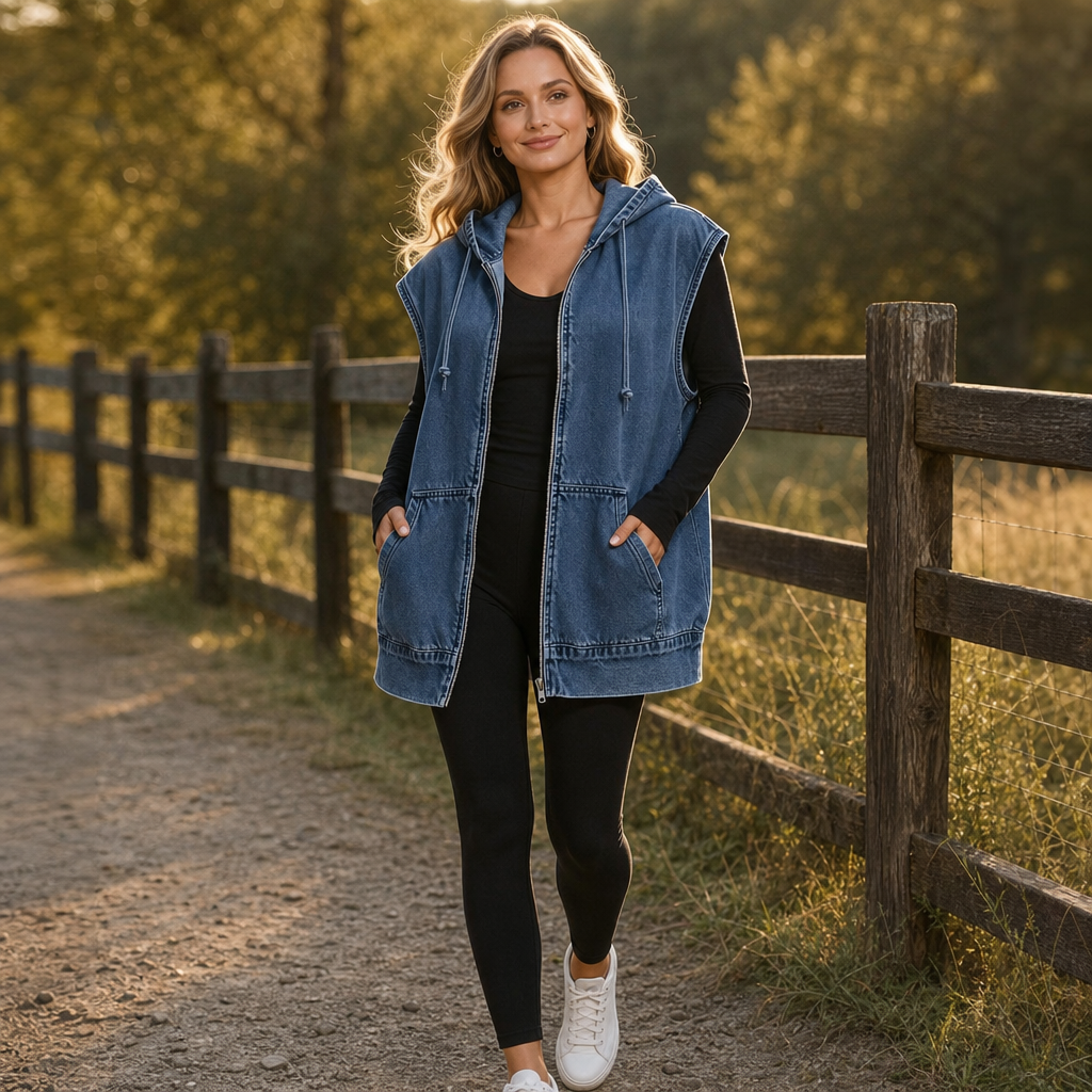 Woman on a country path in a blue oversized hooded denim vest