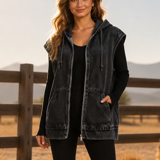 Washed black oversized hooded denim vest with a zip front