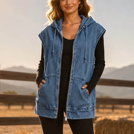 Blue hooded denim vest worn over a black long sleeve top