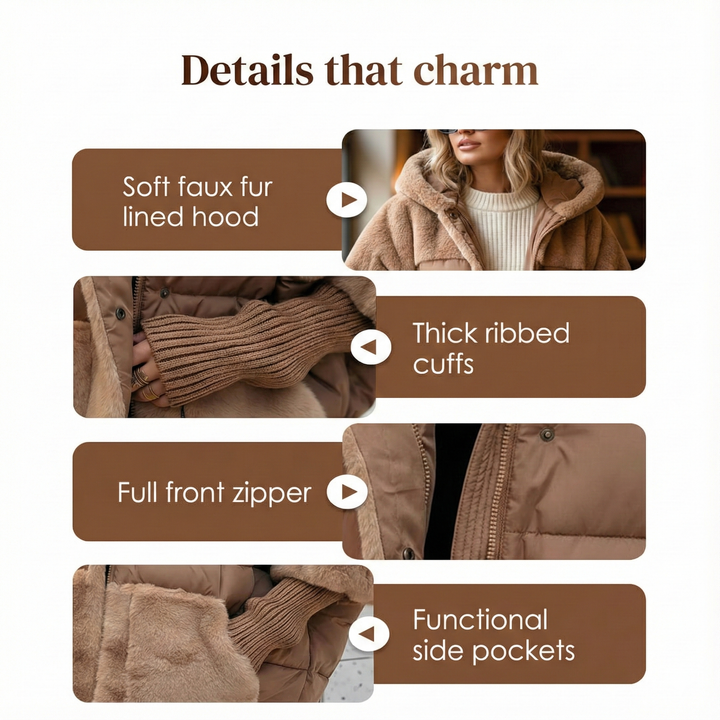 Feature panel showing the fur lined hood, ribbed cuffs, zip and pockets