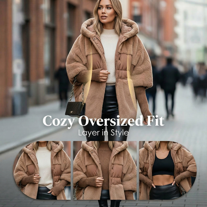 Feature panel showing the oversized fit of a camel quilted jacket