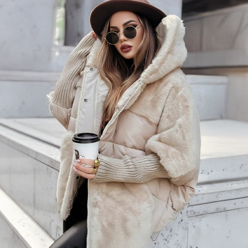 Cream oversized quilted hooded jacket with faux fur lining