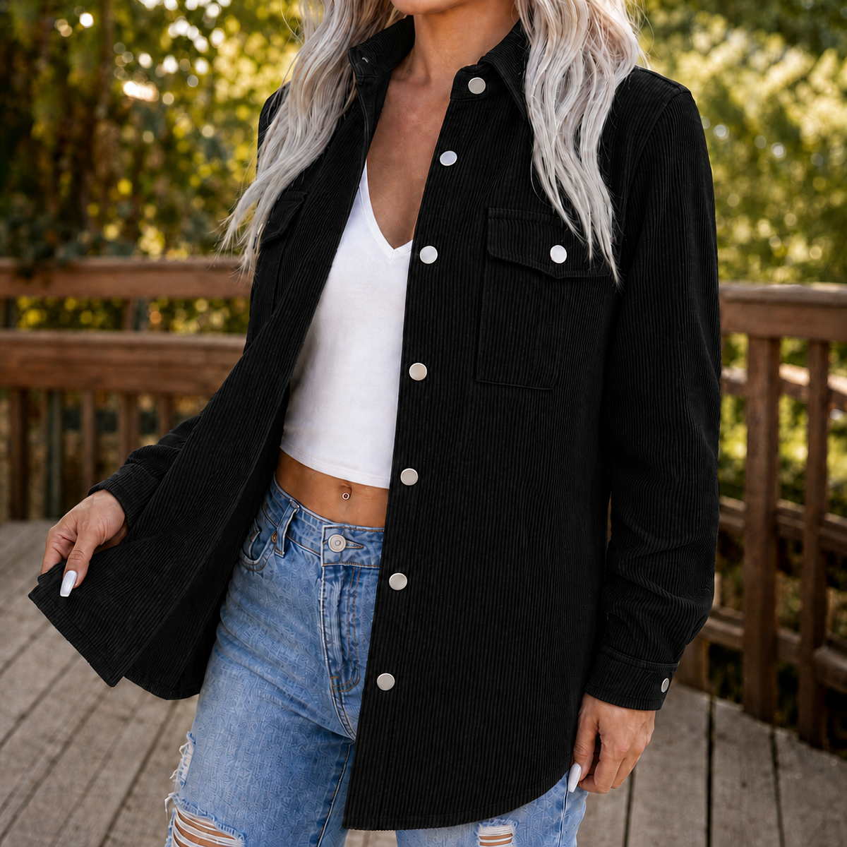 Black wide wale corduroy shirt jacket with chest pockets