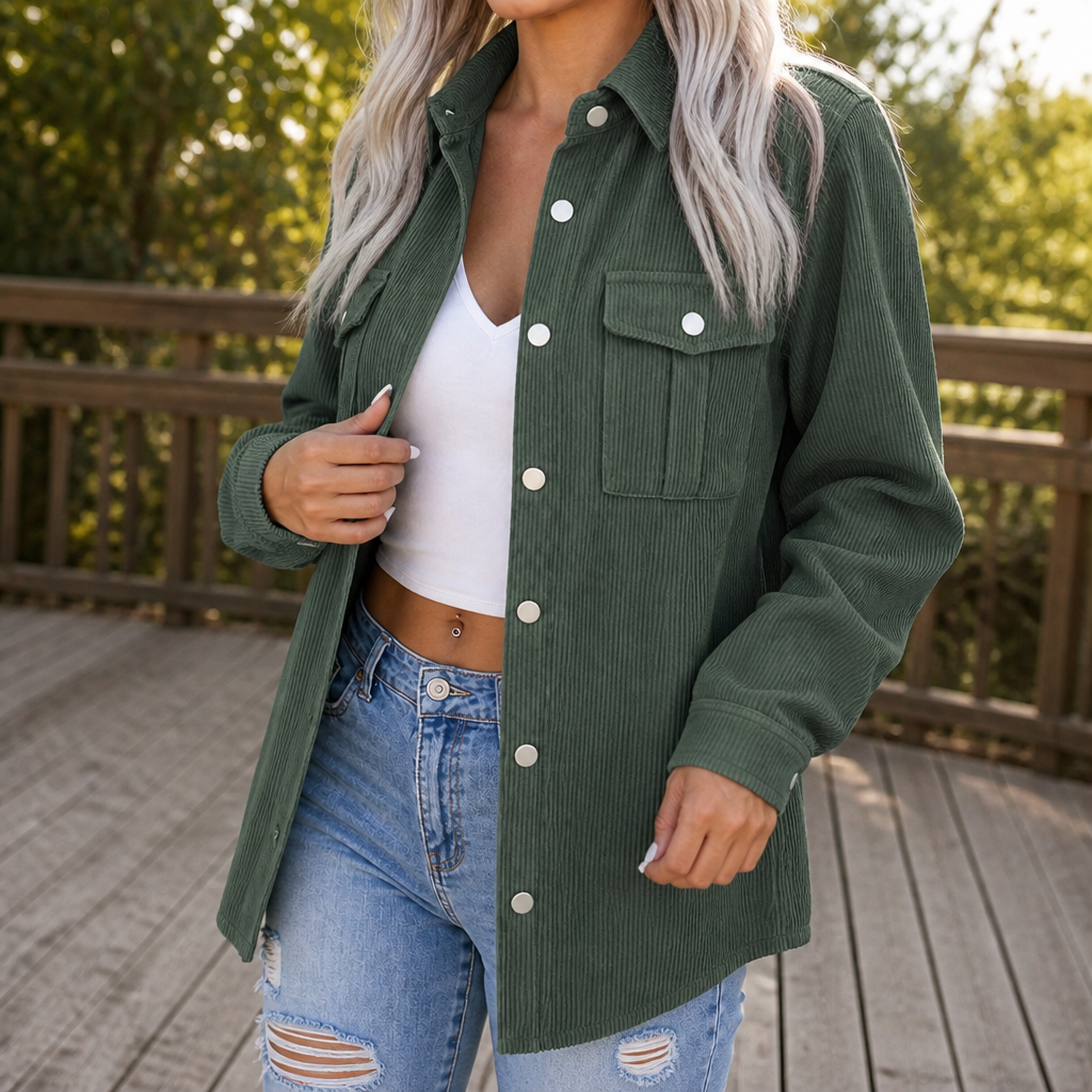 Green wide wale corduroy shirt jacket worn open over a white top