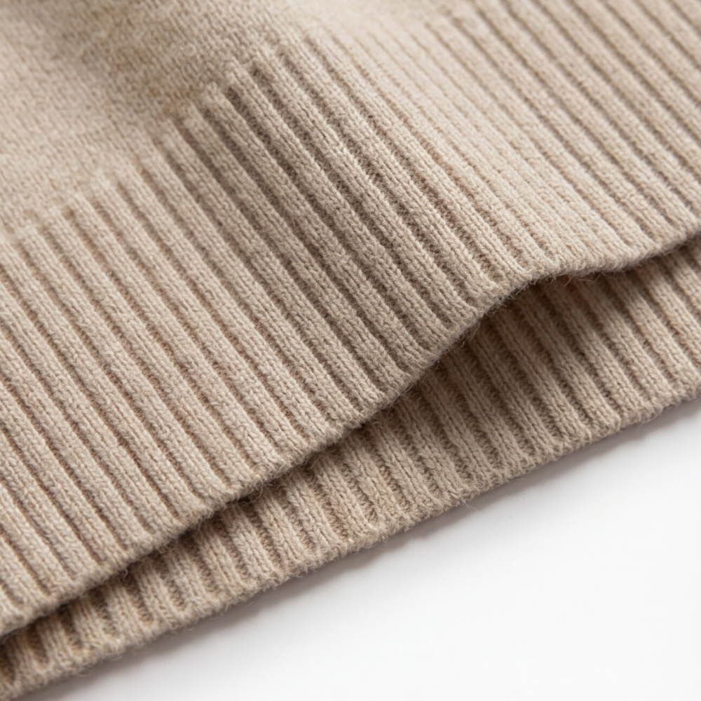 Close up of the ribbed hem and cuff of the beige oversized wool blend sweater