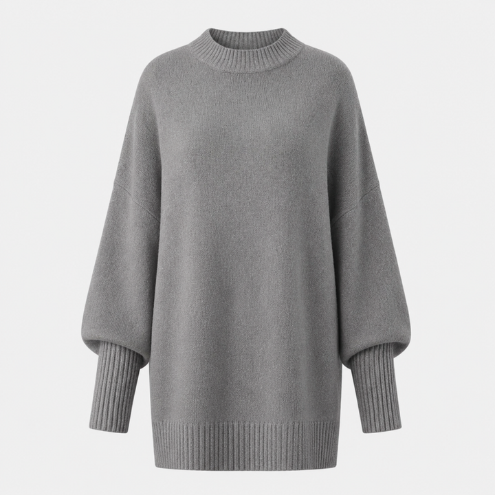 Grey oversized knit sweater with mock neck and wide ribbed cuffs, flat front view