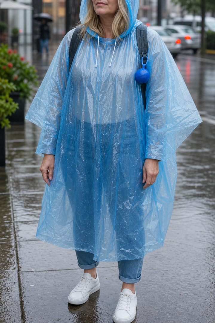 Woman wearing a clear blue hooded rain poncho on a wet street