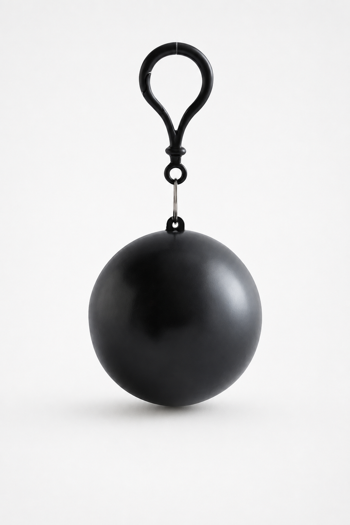 Black packable rain poncho in a ball shaped case with a clip
