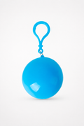 Blue packable rain poncho in a ball shaped case with a clip