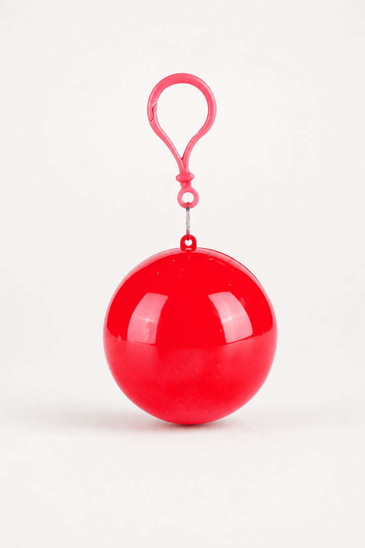 Red packable rain poncho in a ball shaped case with a clip