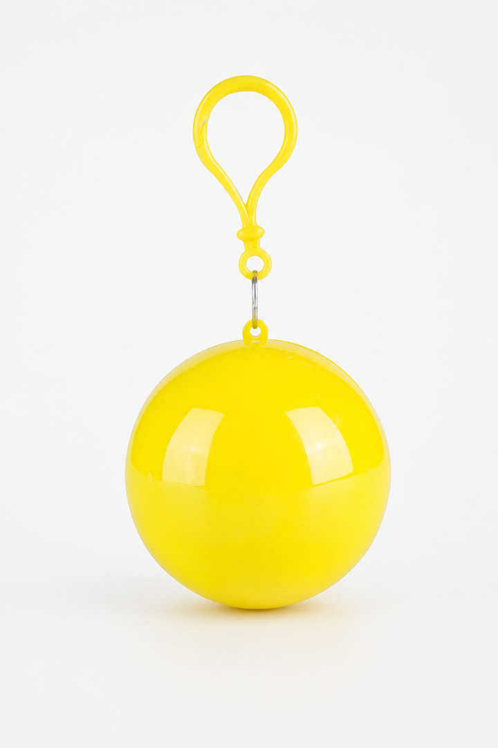 Yellow packable rain poncho in a ball shaped case with a clip