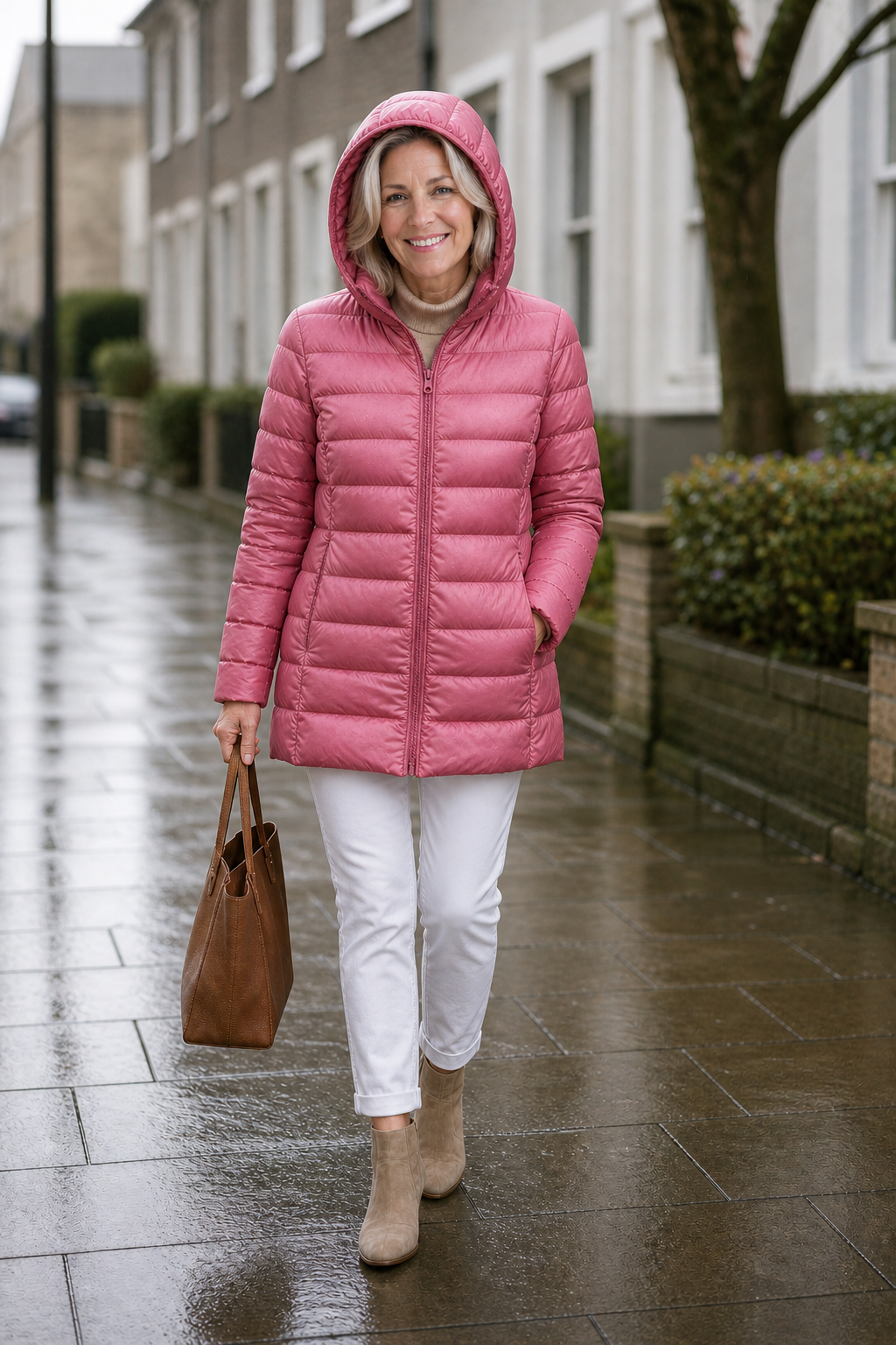 Woman walking in the rain in a pink ultralight hooded puffer