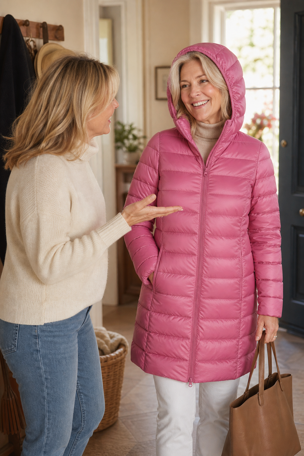 Two women in a hallway, one in a pink hooded puffer coat