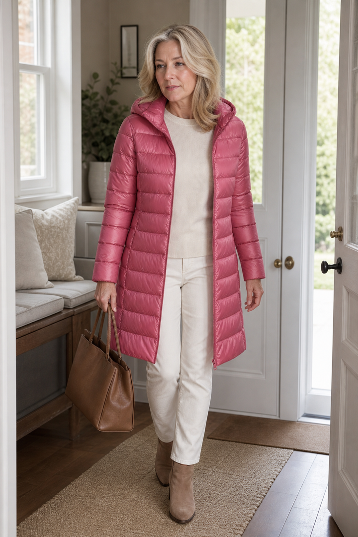 Pink ultralight puffer coat worn with a tote bag in a doorway