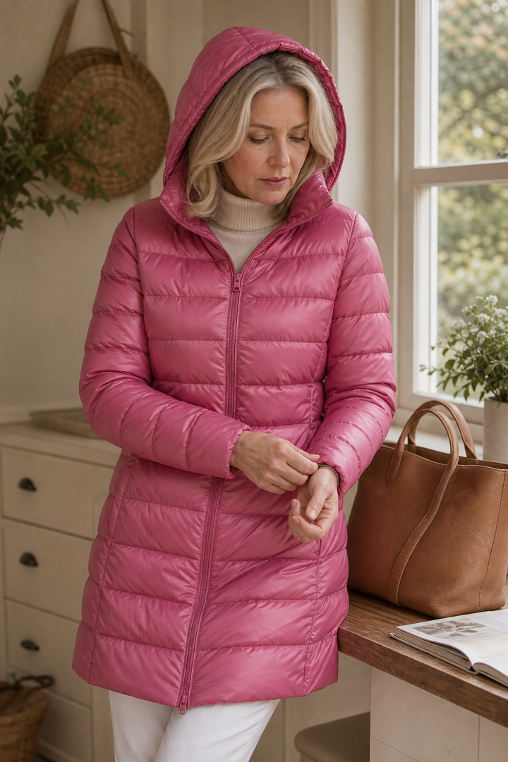 Woman indoors in a pink ultralight hooded puffer coat