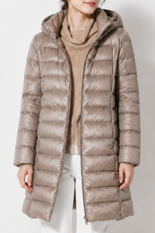 Taupe ultralight hooded puffer coat with a funnel neck