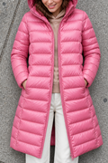 Pink ultralight hooded puffer coat with a longline zip front
