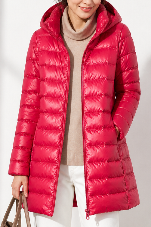 Red ultralight hooded puffer coat with a zip front