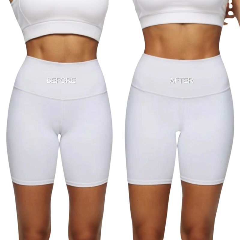 Before and after panel of white shorts worn over the briefs