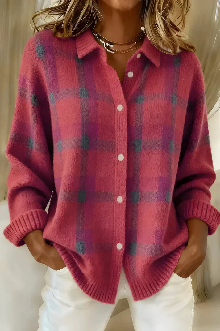 Pink and teal plaid knit cardigan with a collar and white buttons