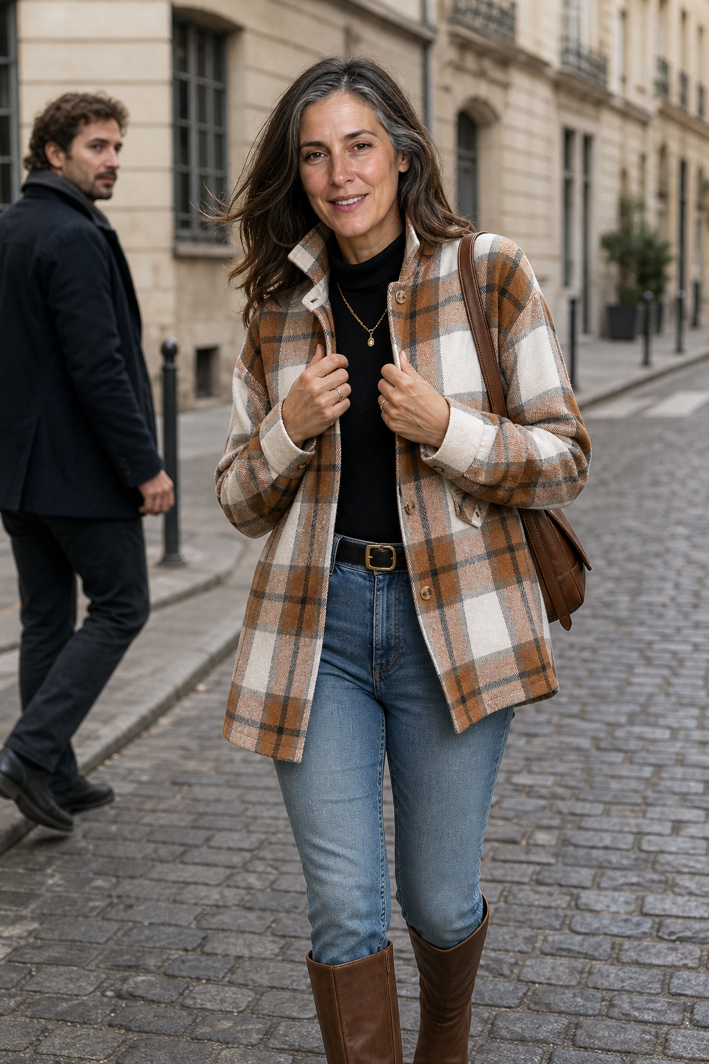 Woman on a cobbled street in a camel plaid shirt jacket