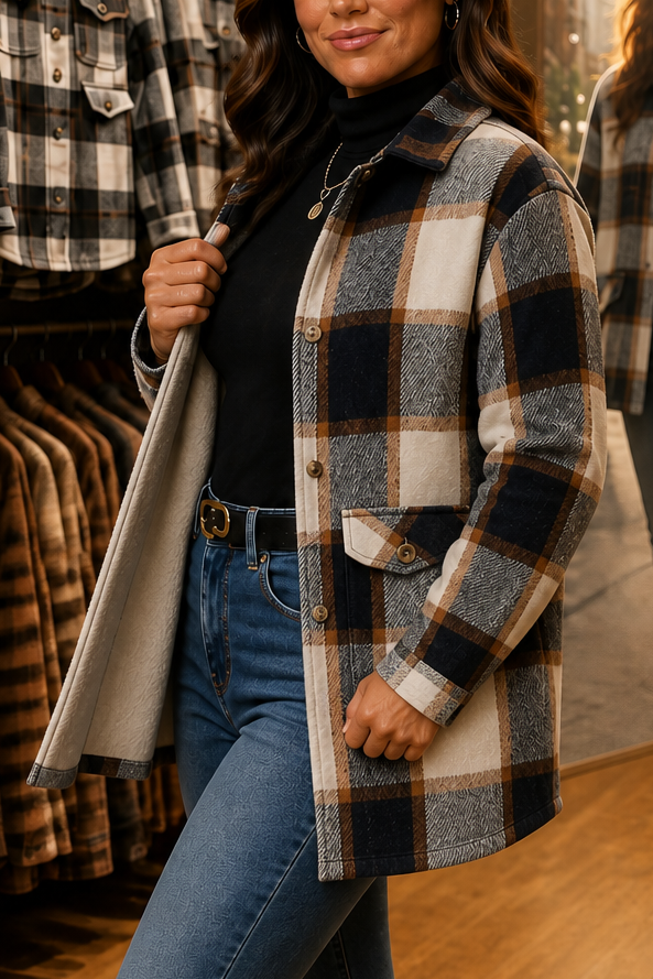 Grey and cream plaid shirt jacket worn open in a shop