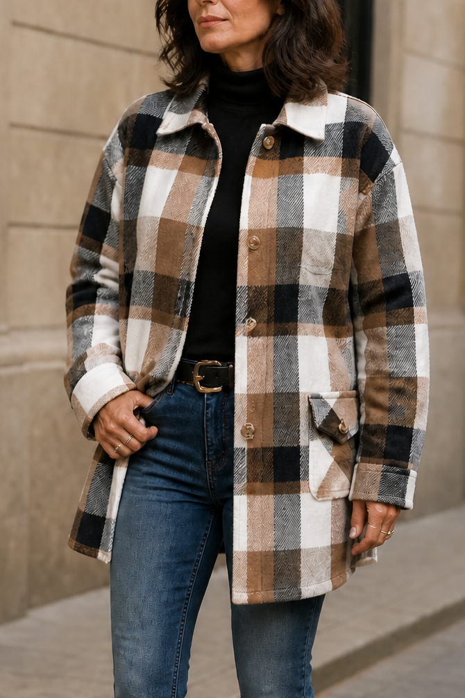 Camel and grey plaid shirt jacket with a collar and buttons