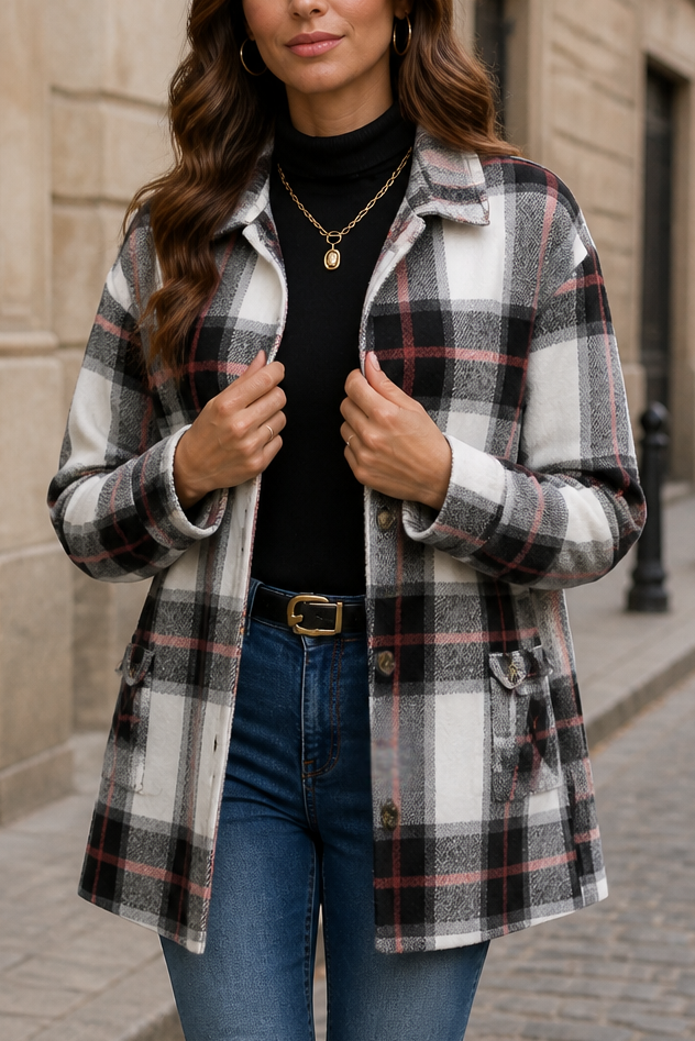 Black and cream plaid shirt jacket with red accent lines