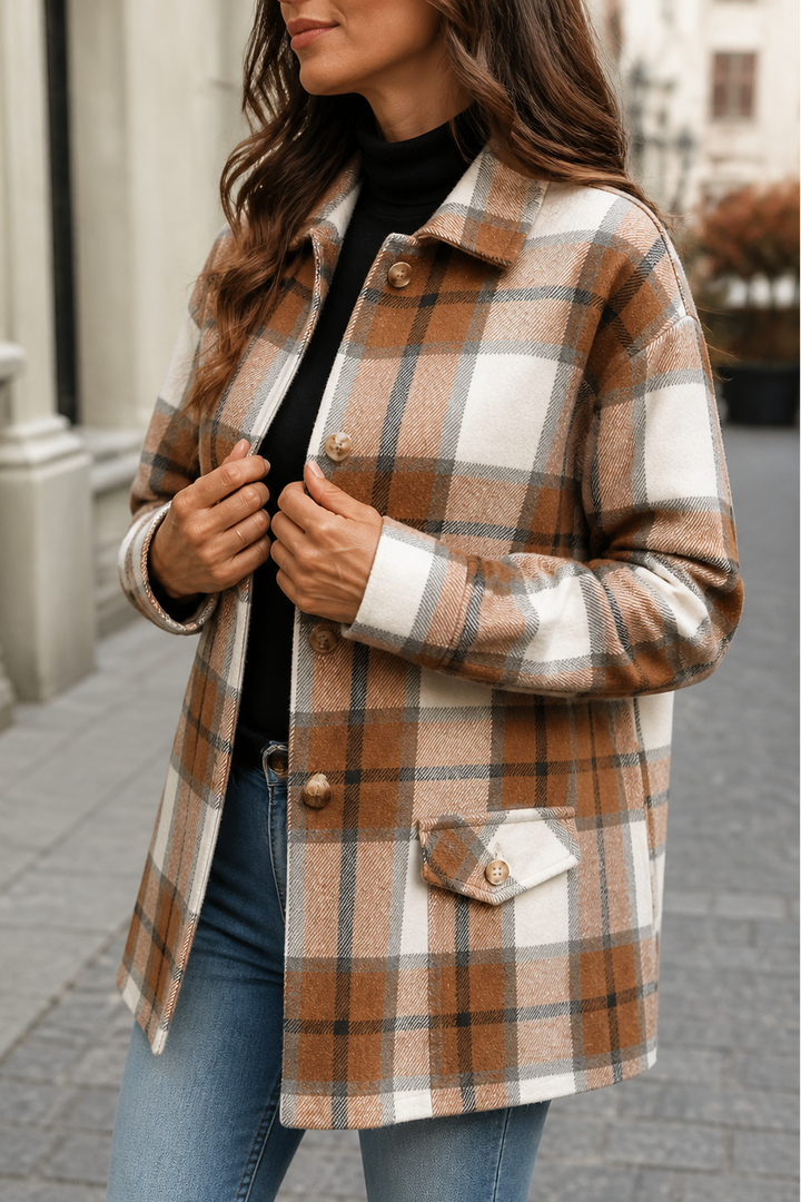 Camel and cream plaid relaxed shirt jacket with flap pockets