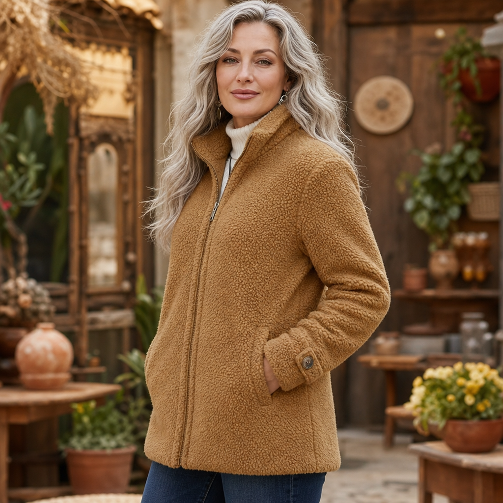 Woman in a courtyard shop in a camel plush fleece jacket
