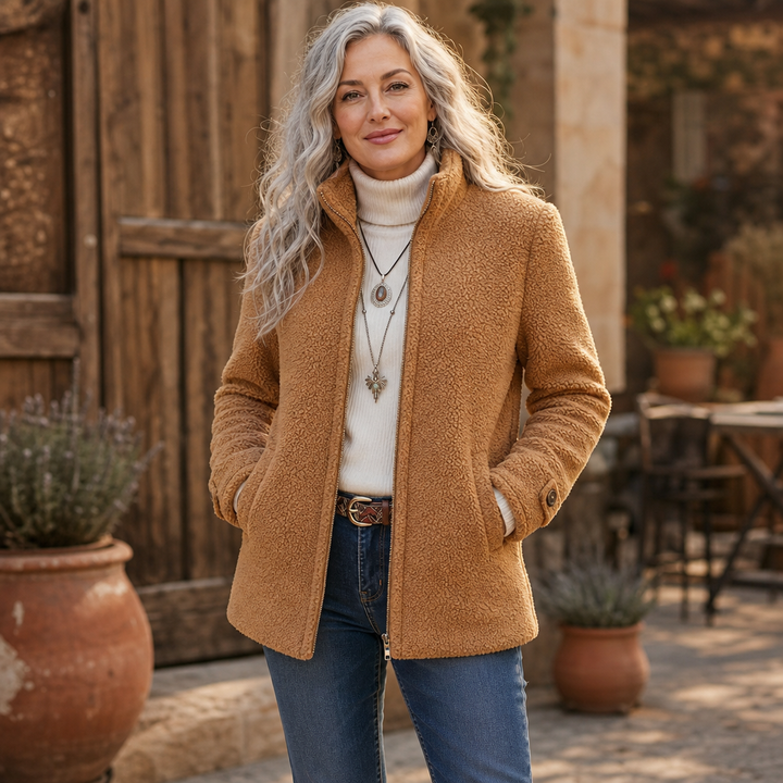 Woman by a wooden door in a camel plush fleece zip jacket