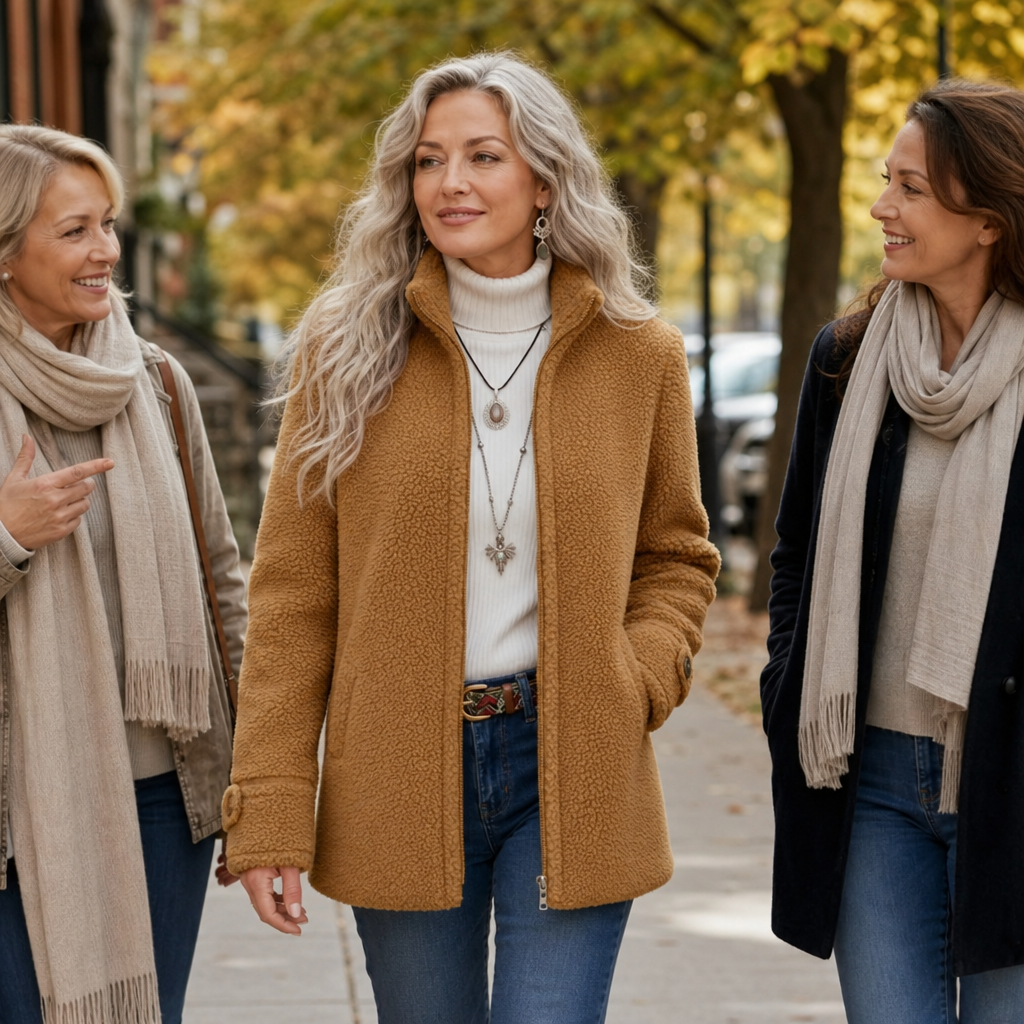 Three women on an autumn street, one in a camel fleece jacket