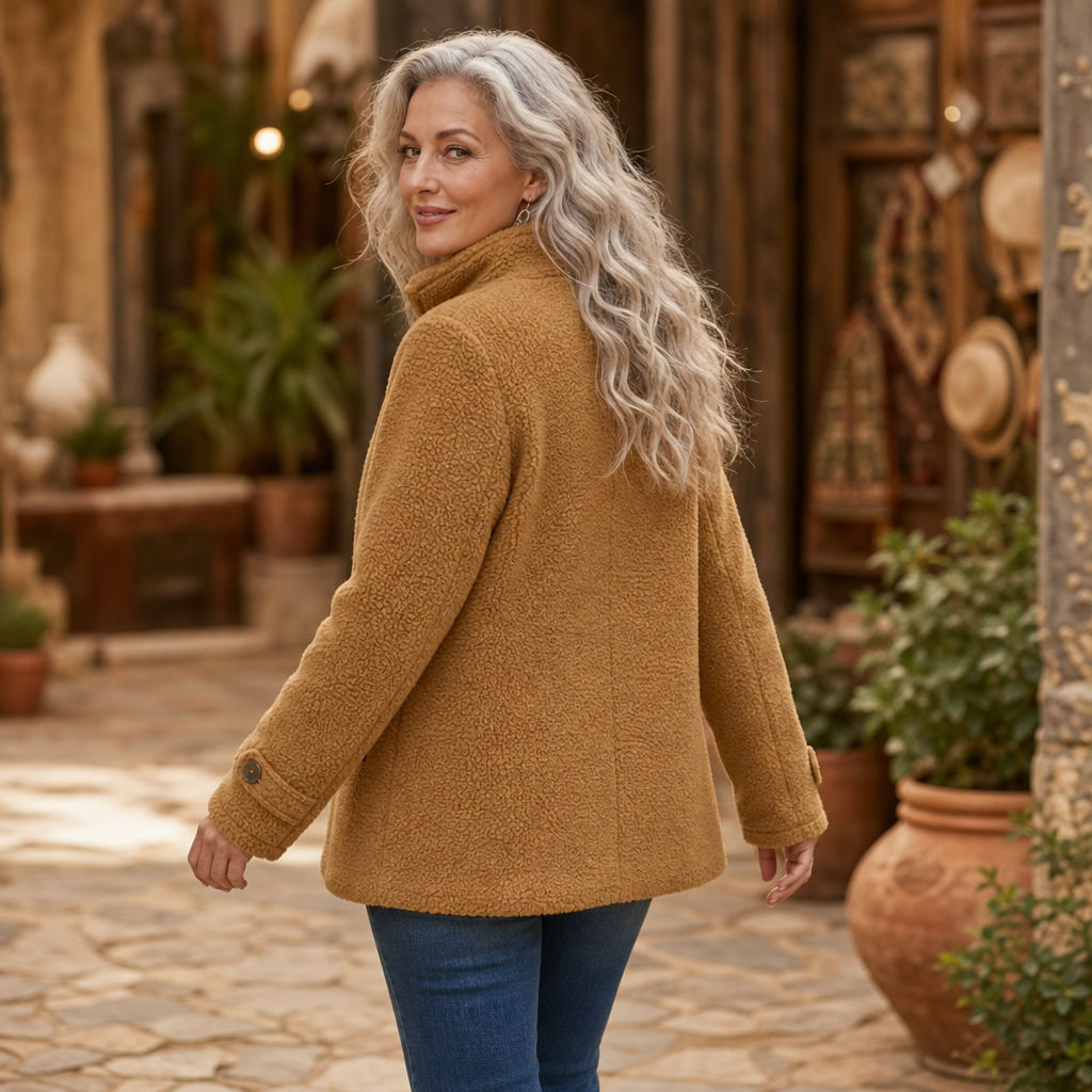 Back view of a camel plush fleece jacket in a courtyard