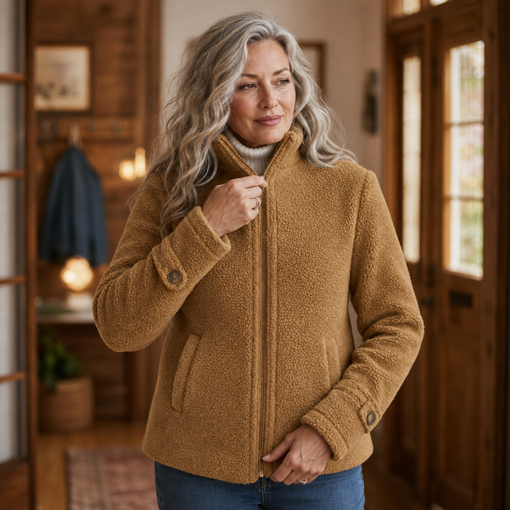 Woman in a doorway zipping a camel plush fleece jacket
