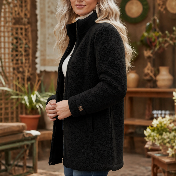 Black plush fleece stand collar zip jacket