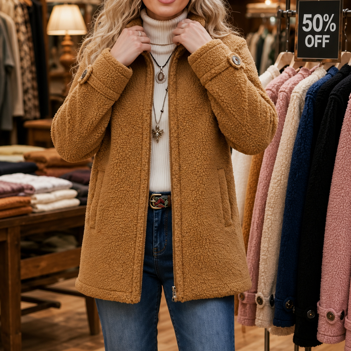 Camel plush fleece jacket with a stand collar and zip front