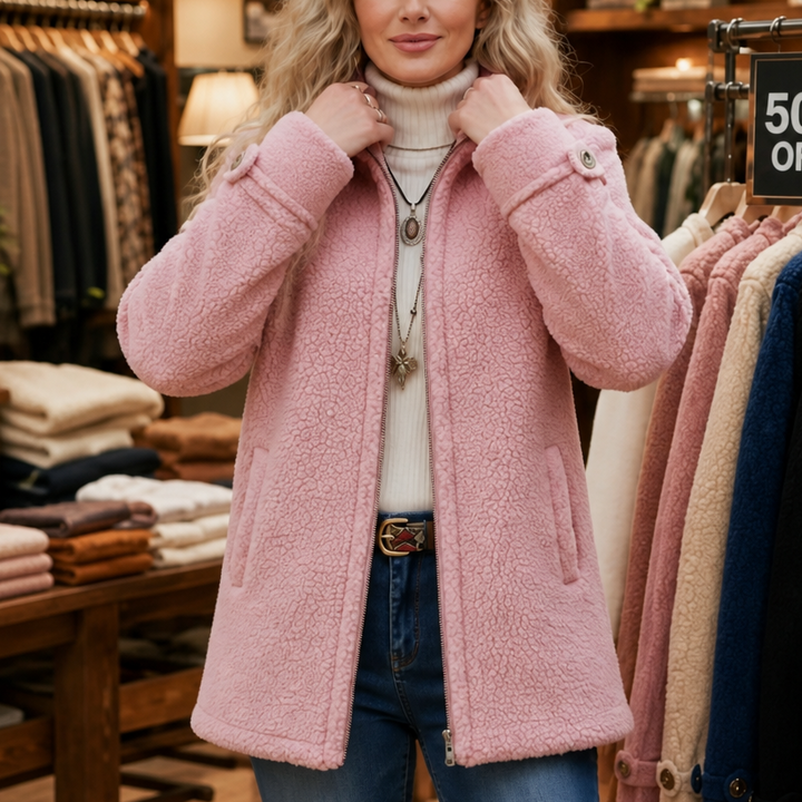 Pink plush fleece jacket with a stand collar and side pockets